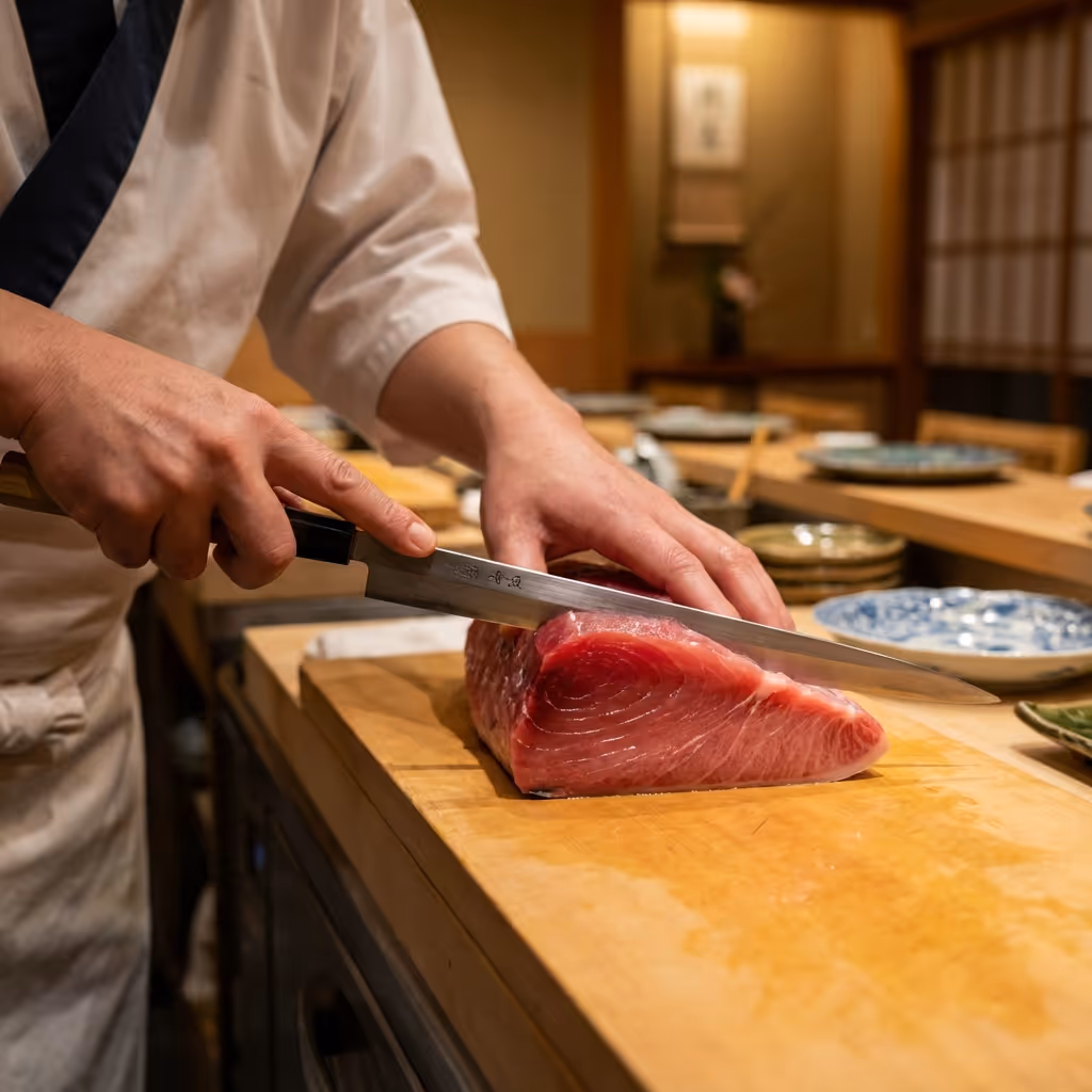店主が厳選した生本マグロを捌く様子