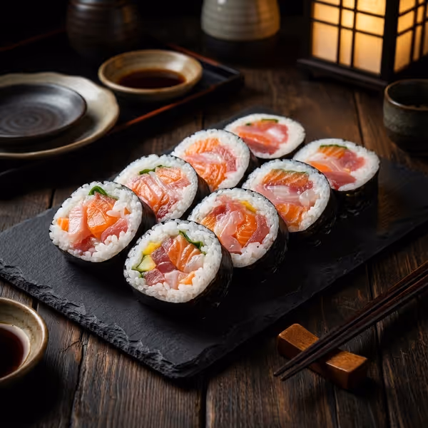 溢れんばかりの海鮮を巻き込んだ、見た目も鮮やかな太巻き。