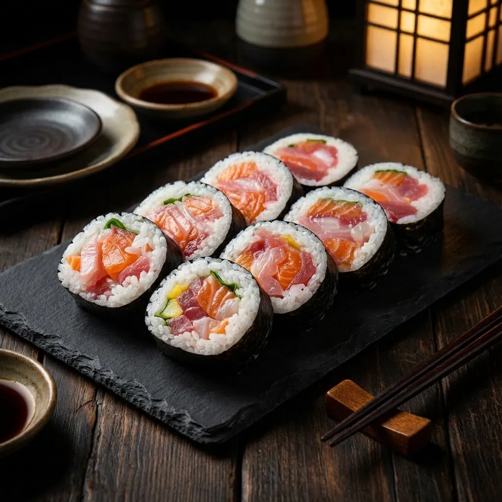 溢れんばかりの海鮮を巻き込んだ、見た目も鮮やかな太巻き。